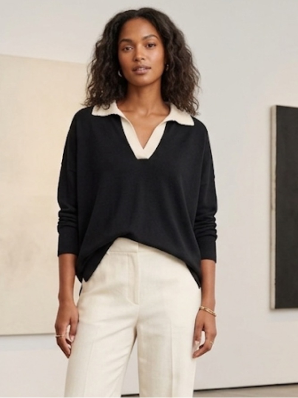 Mersea Anywhere black White Collared Boxy Polo Sweater One Size